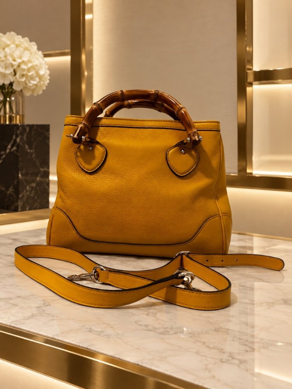 Gucci Bamboo Shopper Mustard Yellow Leather Top Handle Bag Detachable Strap